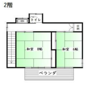 間取り　二階は８畳と６畳の和室が各一部屋とトイレがあります